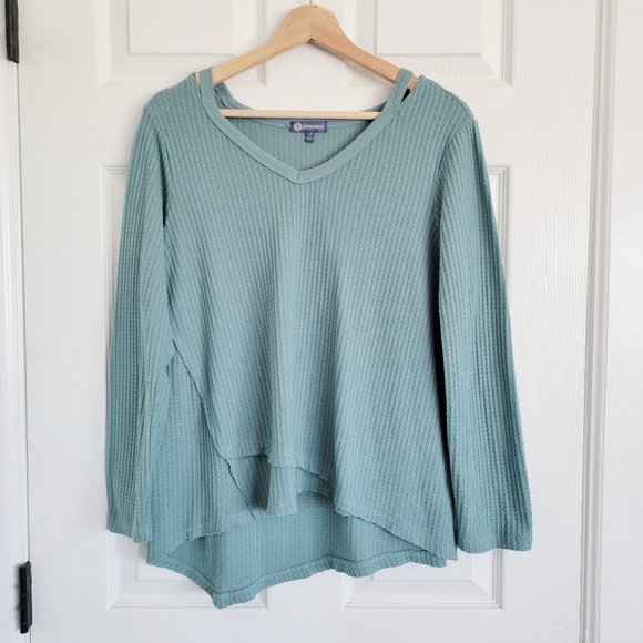 Democracy Asymmetrical Hem Waffle Knit Long Sleeve - Picture 1 of 5